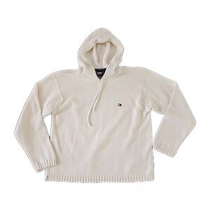 TOMMY HILFIGER Hooded Knit Sweater Womans Size Large 100% Cotton White Nautical